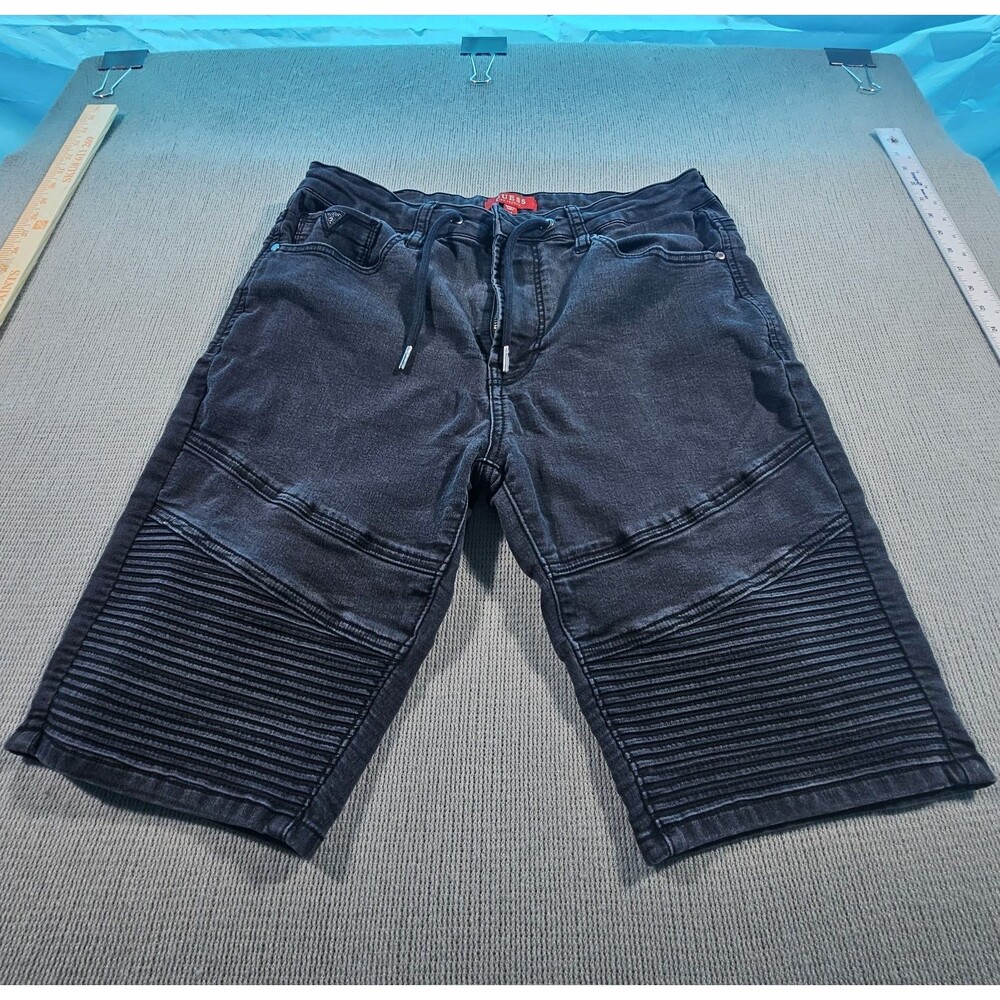 GUESS Men’s Black Dark Wash Denim Bermuda Shorts Regular Fit Drawstring 5-Pocket